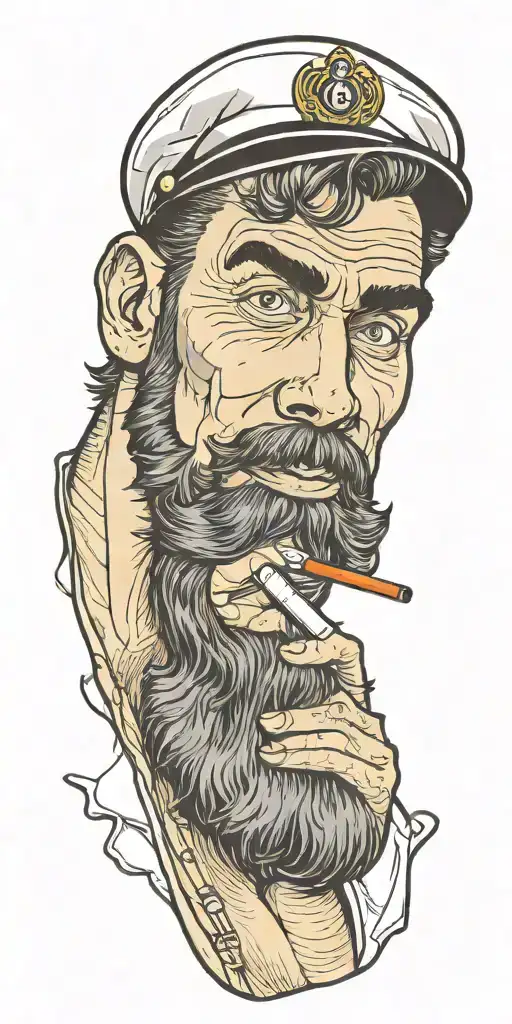 gay pinup sailor, style of Tom of finland, bearded, smoking a cigarette out of mouth tattoo design idea