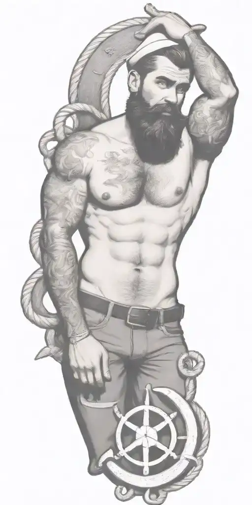 nautical gay pinup sailor, style of Tom of finland, bearded, anchor, ship, ocean, smoking a cigarette out of mouth tattoo design idea