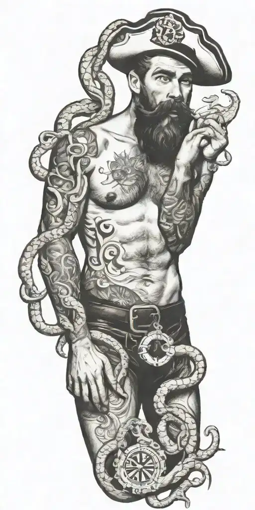 octupus with wrapped around gay pinup sailor, Tom of finland, bearded, anchor, compass, smoking a cigerette out of mouth tattoo design idea