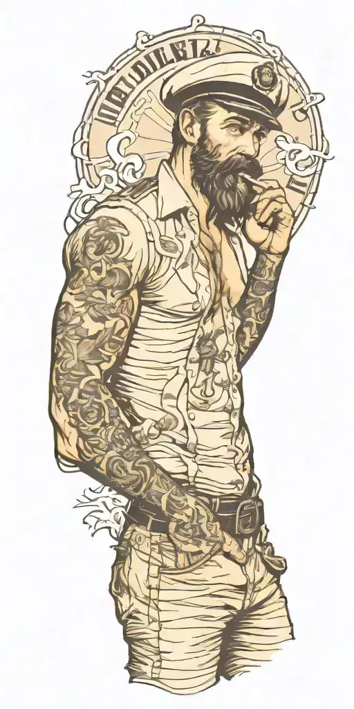 gay pinup sailor, style of Tom of finland, bearded, smoking a cigarette out of mouth, full body  tattoo design idea