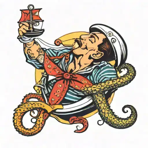 gay pinup male sailor, smoking a cigarette,  in the style of Tom of Findland with an octopus and anchor tattoo design idea