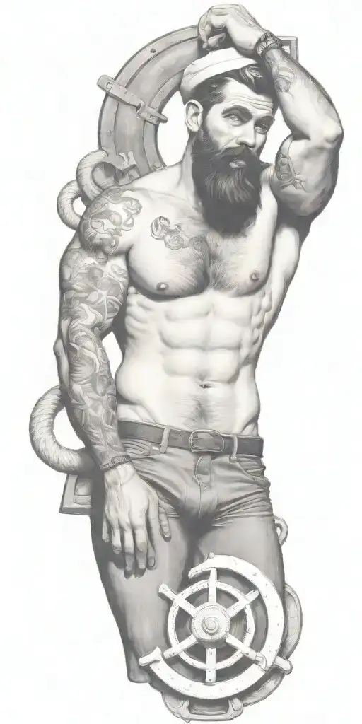 gay pinup sailor, style of Tom of finland, bearded, smoking a cigarette out of mouth tattoo design idea