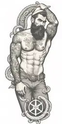 nautical gay pinup sailor, style of Tom of finland, bearded, anchor, ship, ocean, smoking a cigarette out of mouth tattoo design idea