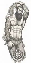 nautical gay pinup sailor, style of Tom of finland, bearded, anchor, ship, ocean, smoking a cigarette out of mouth tattoo design idea
