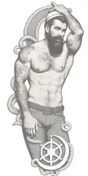 nautical gay pinup sailor, style of Tom of finland, bearded, anchor, ship, ocean, smoking a cigarette out of mouth tattoo design idea