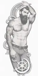 nautical gay pinup sailor, style of Tom of finland, bearded, anchor, ship, ocean, smoking a cigarette out of mouth tattoo design idea