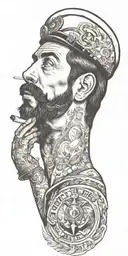 nautical gay pinup sailor, style of Tom of finland, bearded, anchor, ship, ocean, smoking a cigarette out of mouth tattoo design idea