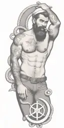 nautical gay pinup sailor, style of Tom of finland, bearded, anchor, ship, ocean, smoking a cigarette out of mouth tattoo design idea