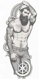 nautical gay pinup sailor, style of Tom of finland, bearded, anchor, ship, ocean, smoking a cigarette out of mouth tattoo design idea