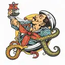 gay pinup male sailor, smoking a cigarette,  in the style of Tom of Findland with an octopus and anchor tattoo design idea