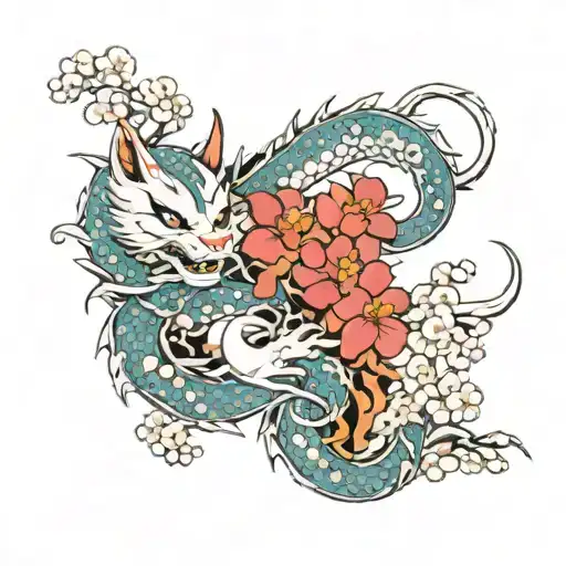 Japanese dragon and sakura and kitsune neko tattoo design idea