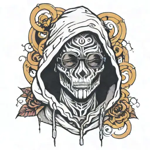 apparition covered in dark bandages and wearing a hoodie and sunglasses  tattoo design idea