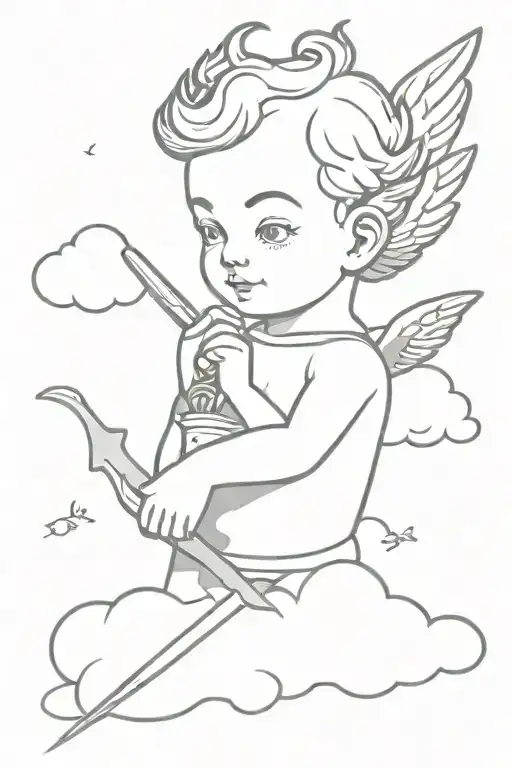 cherub head and arms on cloud with dagger behind tattoo design idea