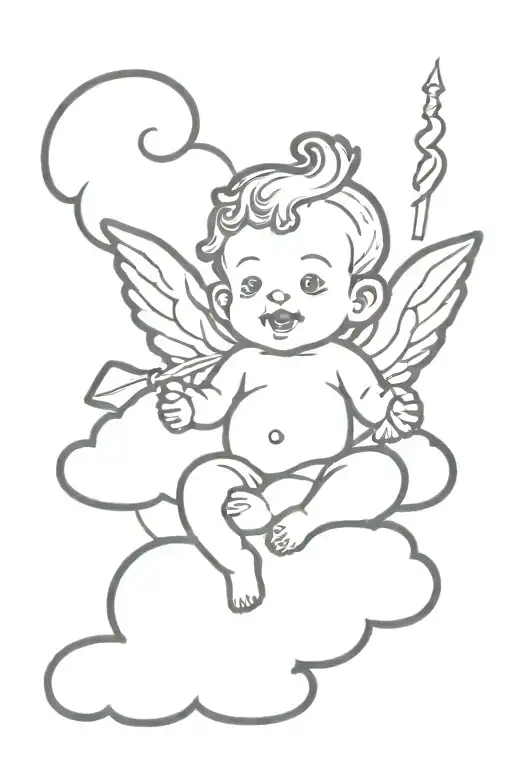 cherub baby head with crossed arms on cloud with dagger behind the cloud  tattoo design idea