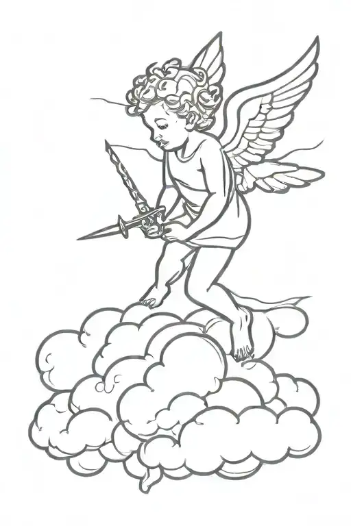 cherub on cloud with dagger behind tattoo design idea