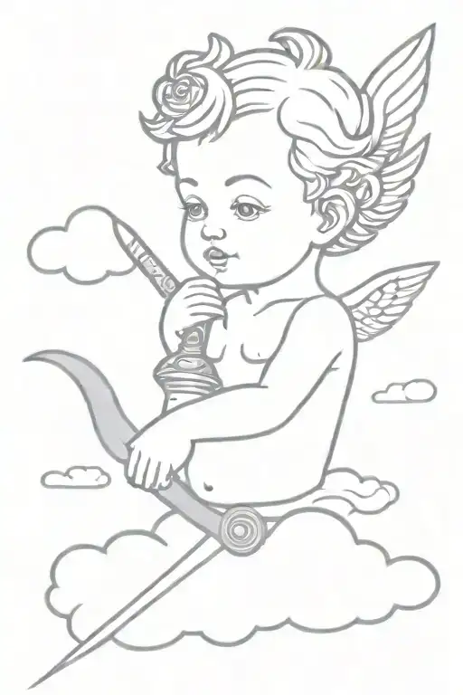 cherub head and arms on cloud with dagger behind tattoo design idea