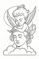 cherub head and arms on cloud with dagger behind tattoo design idea