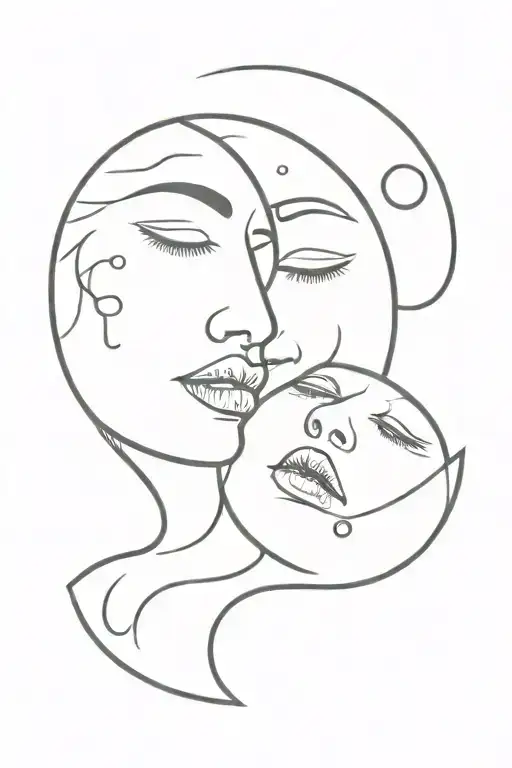 sun and moon with bodies and human face features kissing, with big lips tattoo design idea