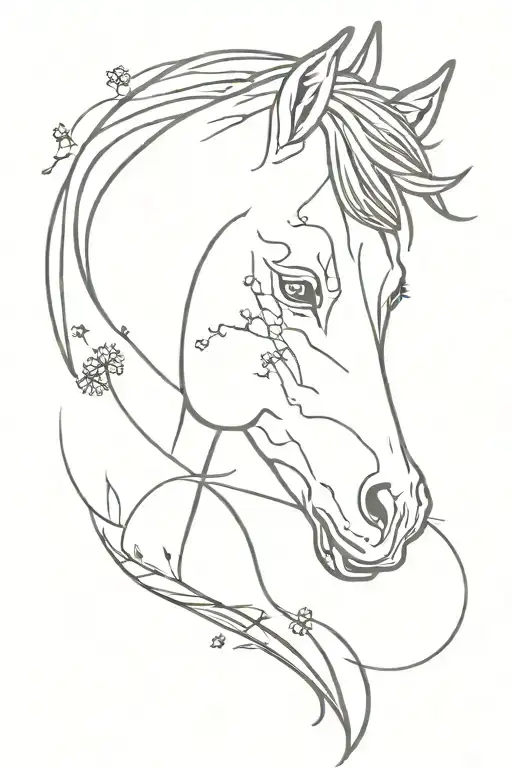 outline of a horse face, outline of a dog face, dandelions, horseshoe, and dog print tattoo design idea