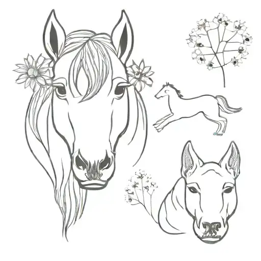 horse face and dog face with horseshoe and dog paw and dandelions  tattoo design idea