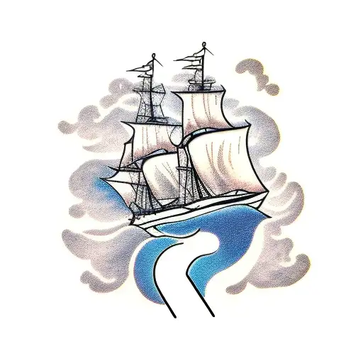 ship sailing through storm, sparrows, rocks lightning  tattoo design idea