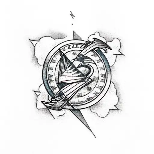 traditional american styled, ship sailing through storm, sparrows, rocks lightning irish flag  tattoo design idea