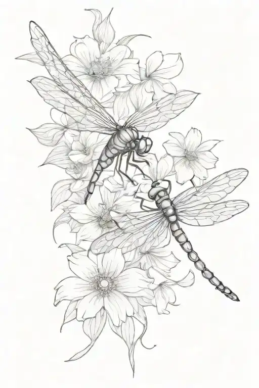 flowers and dragonfly hovering tattoo design idea