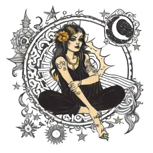 Whimsical goth celestial sun and moon surrounded tattoo design idea