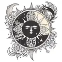 Whimsical goth celestial sun and moon surrounded tattoo design idea