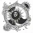 Whimsical goth celestial sun and moon surrounded tattoo design idea