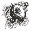 Whimsical goth celestial sun and moon surrounded tattoo design idea