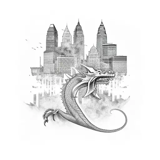 cleveland skyline attacked by dragon tattoo design idea