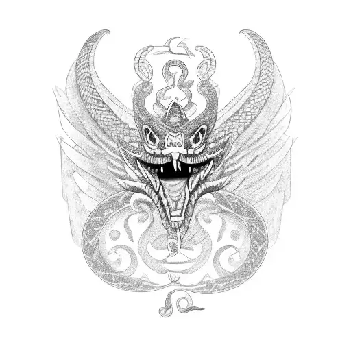 quetzalcoatl with mouth open facing front on tattoo design idea