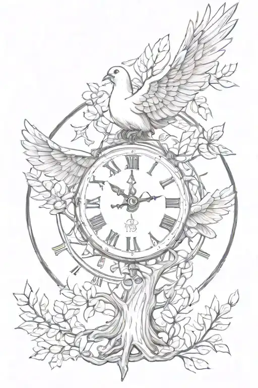 dove flying  tree clock face tattoo design idea