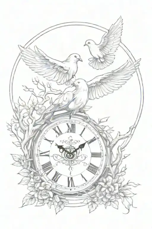 dove flying tree clock face surrounded tattoo design idea