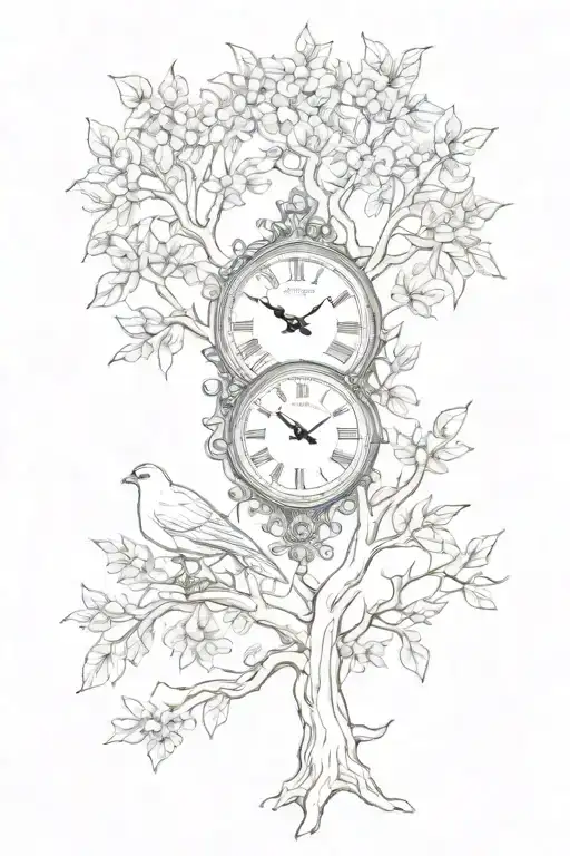 dove tree clock face tattoo design idea