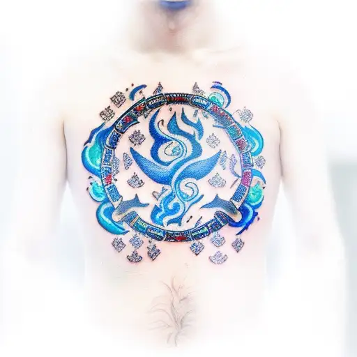 A full sleeve tattoo with blue fire, blue marbles and knives  - A blue fire sleeve tattoo with blue marbles and knives.  tattoo design idea