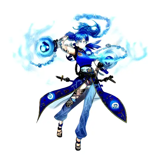 A full sleeve tattoo with blue fire, blue marbles and knives  - A blue fire sleeve tattoo with blue marbles and knives tattoo design idea