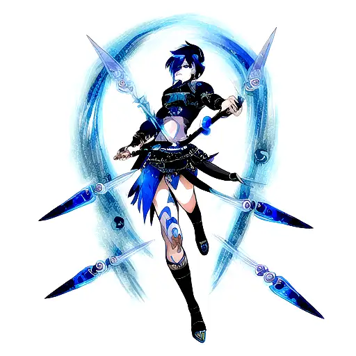 A full sleeve tattoo with blue fire, blue marbles and knives  - A blue fire sleeve tattoo with blue marbles and knives.  tattoo design idea