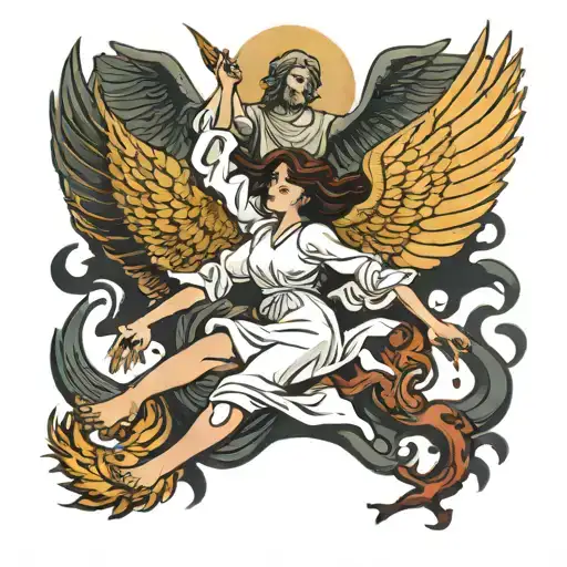 A female angel hovering above a falling man while demons are pulling him down  tattoo design idea