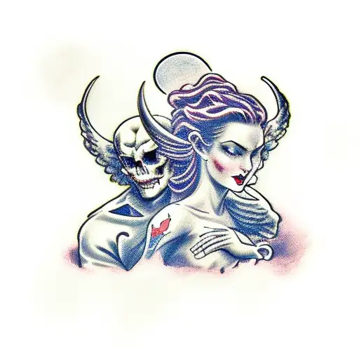 An angel and devil engaged in a fierce battle on a cemetery with mountains in the background, under a crescent moon. tattoo design idea