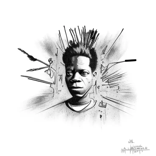 A Jean-Michel Basquiat-inspired abstract painting of a crow surrounded by paintbrushes tattoo design idea