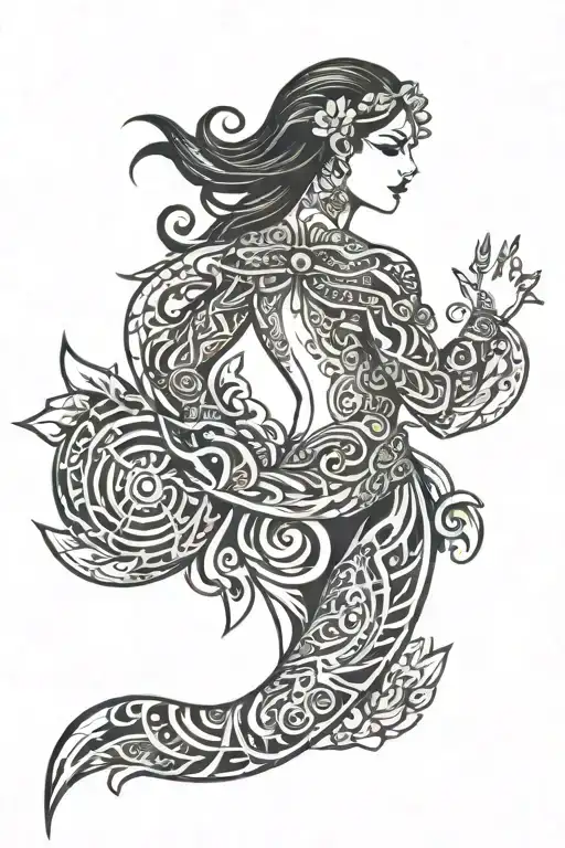 Maori female tattoo covering the right shoulder, collarbone and ribs. Elegant and flowing design tattoo design idea