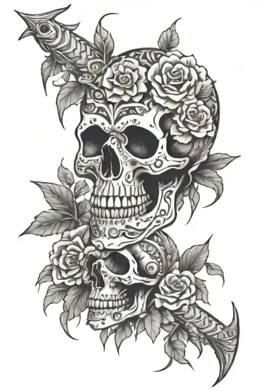 skull, fishing, flowers, trees, aztec geometric representation tattoo design idea