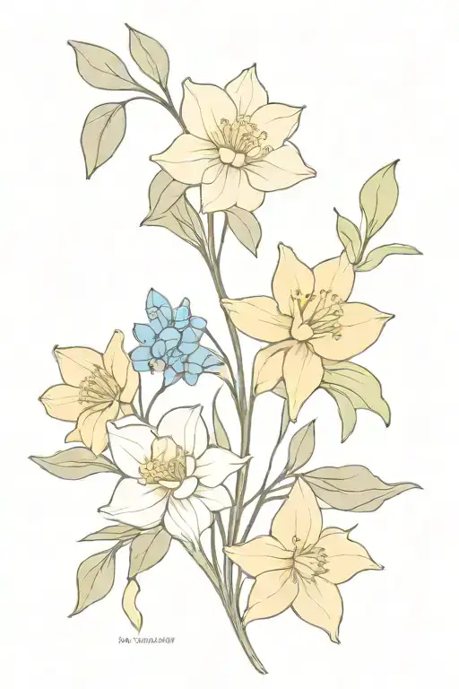 I would like it to have a rose, a daffodil, a forget me not and a salmon combination  tattoo design idea