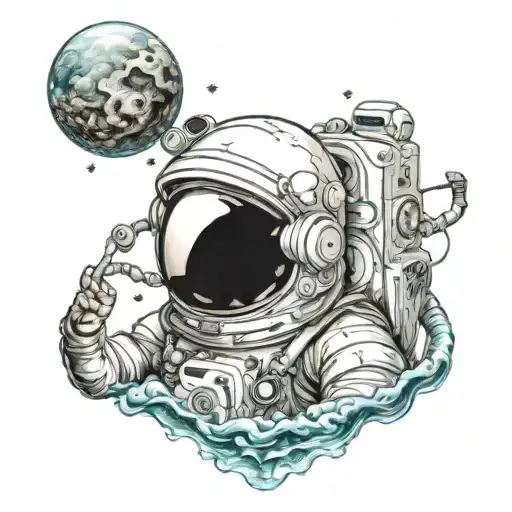 astronaut helmet in the ocean bottom  tattoo design idea