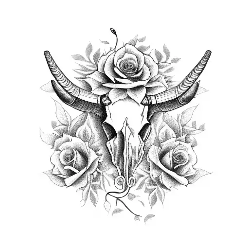 long horn skull with roses and vines tattoo design idea