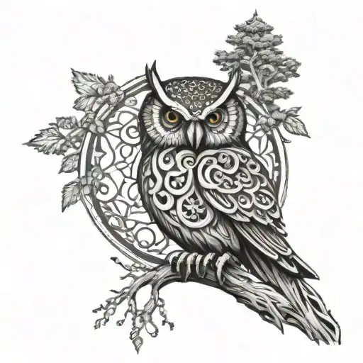 Owl standing; viking helmet; tree of life; yin yang, growth symbol tattoo design idea