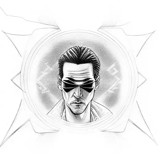 A portrait of Neo from The Matrix in a sketch style tattoo design idea