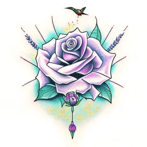 rose, hummingbird, lavender, cross  tattoo design idea